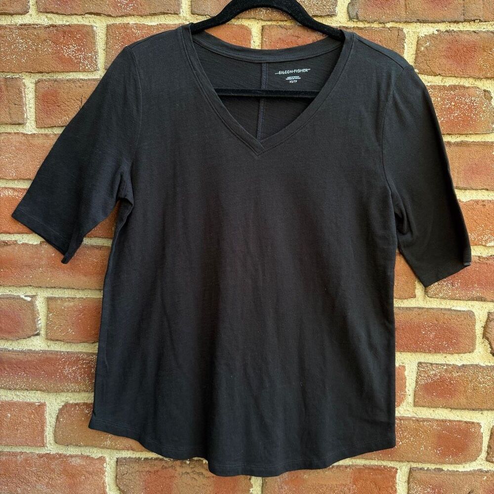Eileen Fisher Women's V-neck 100% Organic Cotton T-shirt Black XS NEW